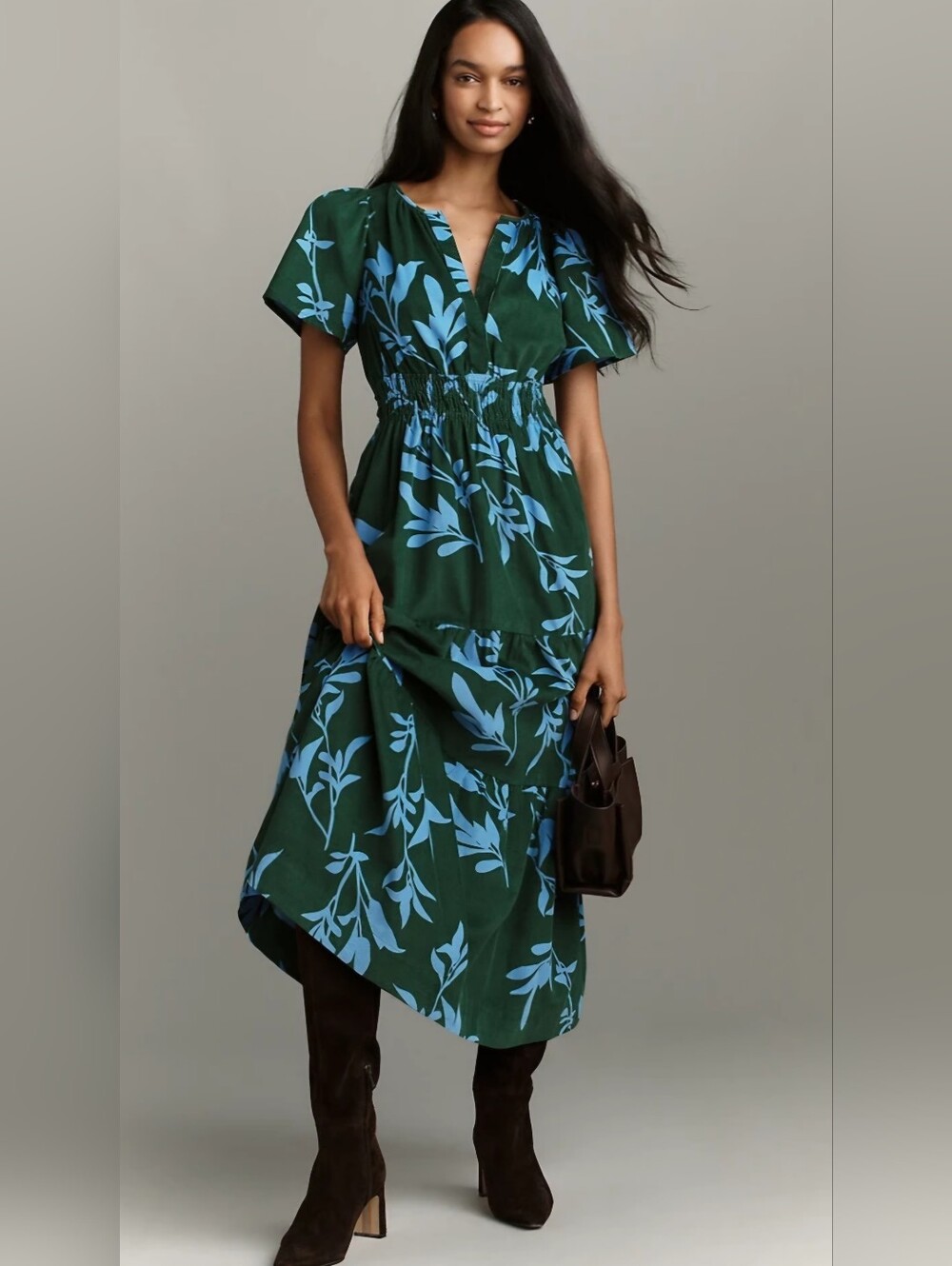 NWT Anthropologie Somerset Corduroy Maxi Dress with Blue Leaf Print